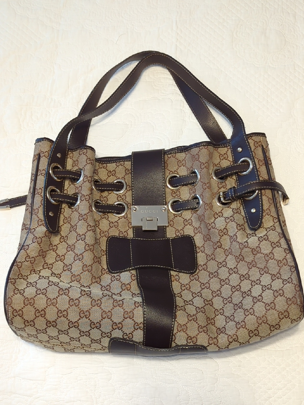 1990 Gucci GG Monogram Canvas Shoulder Bag with Dark Brown Leather Trim